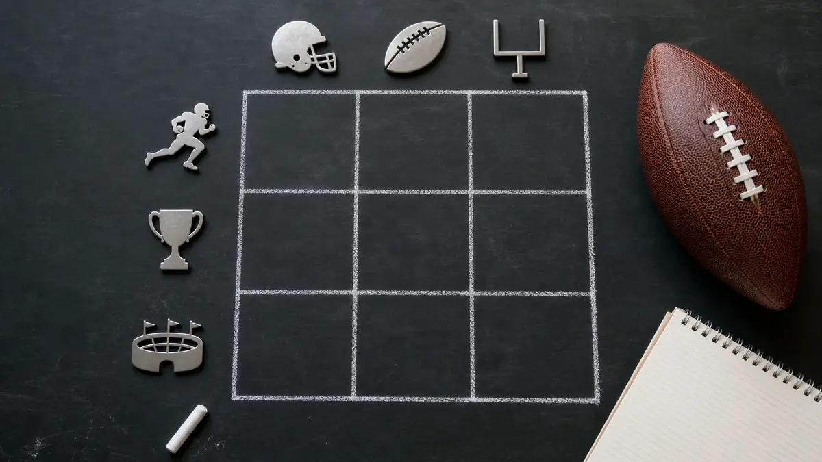 A blank 3x3 grid drawn on a chalkboard beside an American football, overhead view