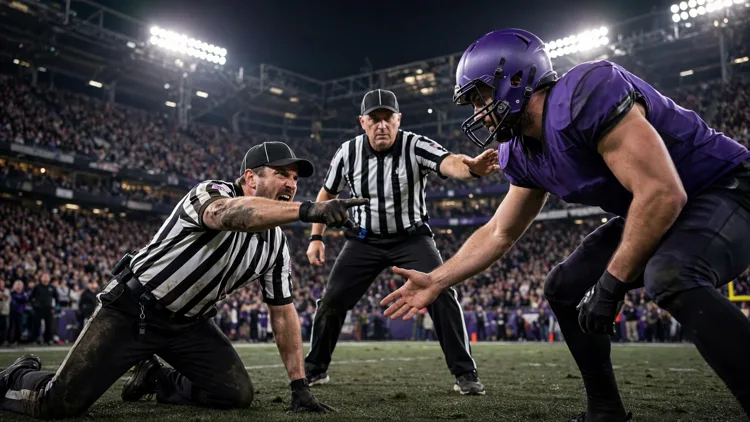An anonymous American football referee in a striped shirt scrambling off the turf and pointing angrily while a linebacker in a purple jersey reaches out a hand to help him up, editorial graphic