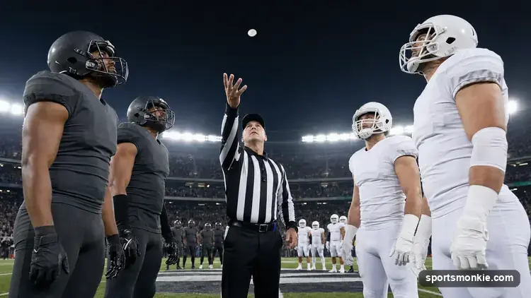NFL referee signaling a coin toss result before a playoff overtime period under stadium lights
