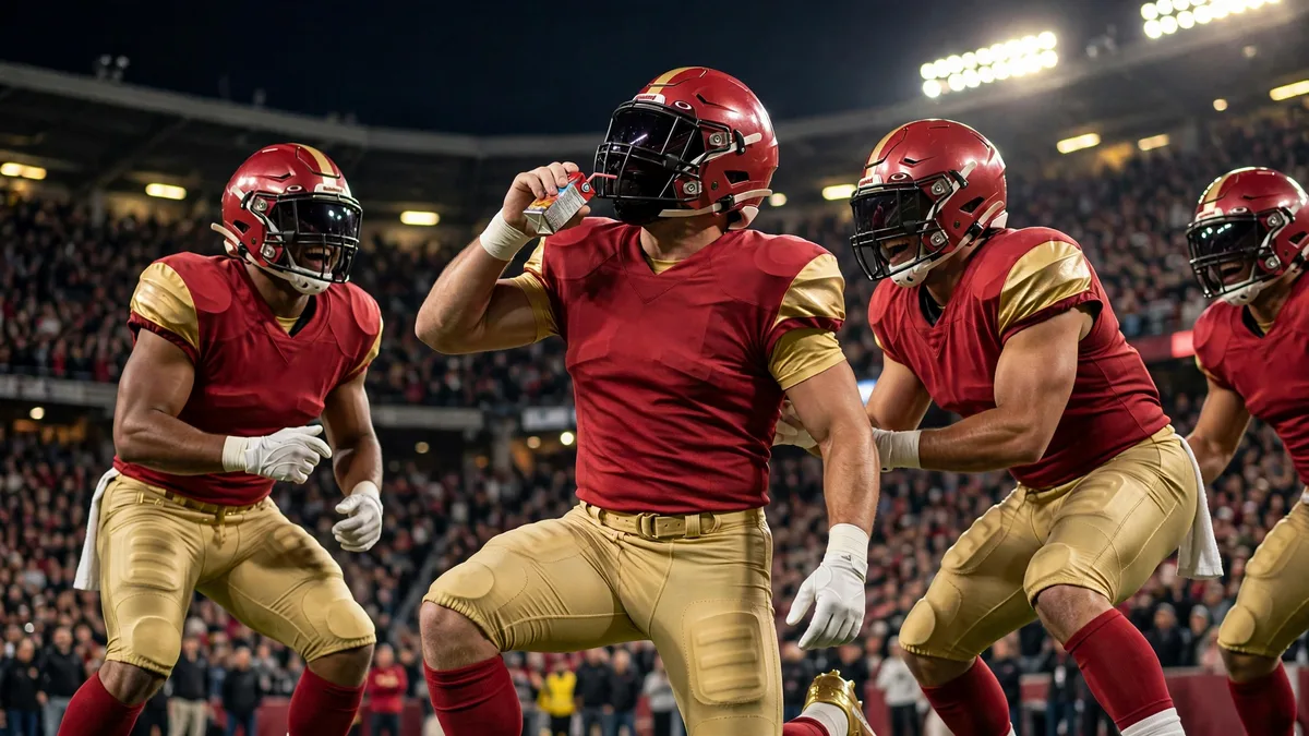 A football fullback in a generic scarlet and gold uniform, helmet on and face hidden, miming drinking from a small juice box with a straw as laughing team-mates celebrate around him in a floodlit stadium, editorial graphic