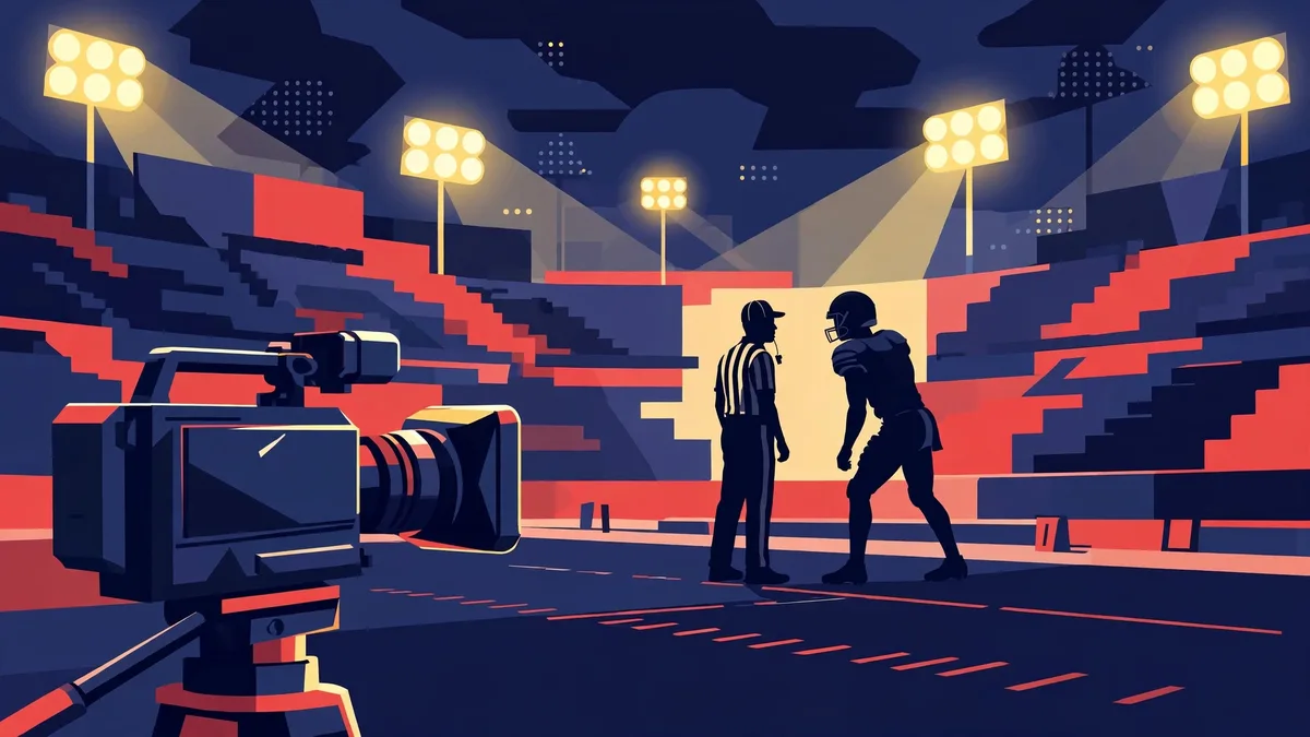 Floodlit American football stadium sideline at night with a striped official silhouette facing a tight end and a broadcast camera in the foreground, editorial graphic