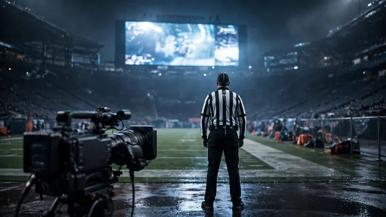 An American football official in a striped shirt seen from behind on a rainy floodlit sideline, facing a giant glowing stadium screen with a broadcast camera in the foreground, editorial graphic