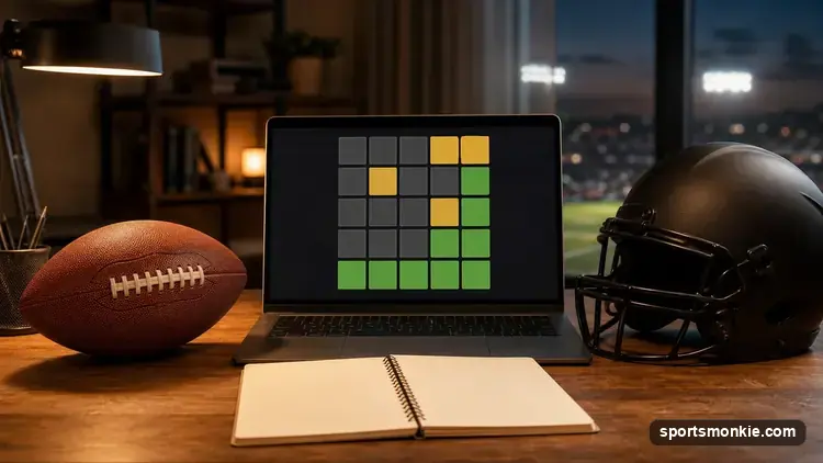 An American football on a desk beside a laptop showing a blank word-guessing grid, warm evening light