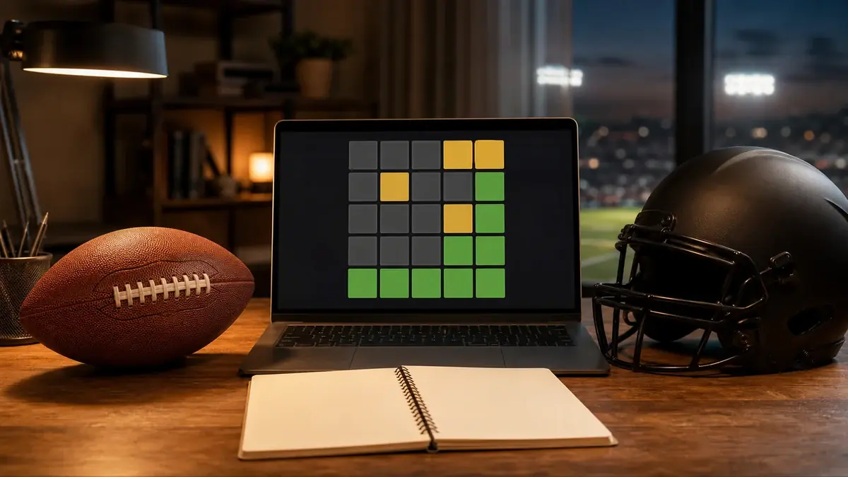An American football on a desk beside a laptop showing a blank word-guessing grid, warm evening light