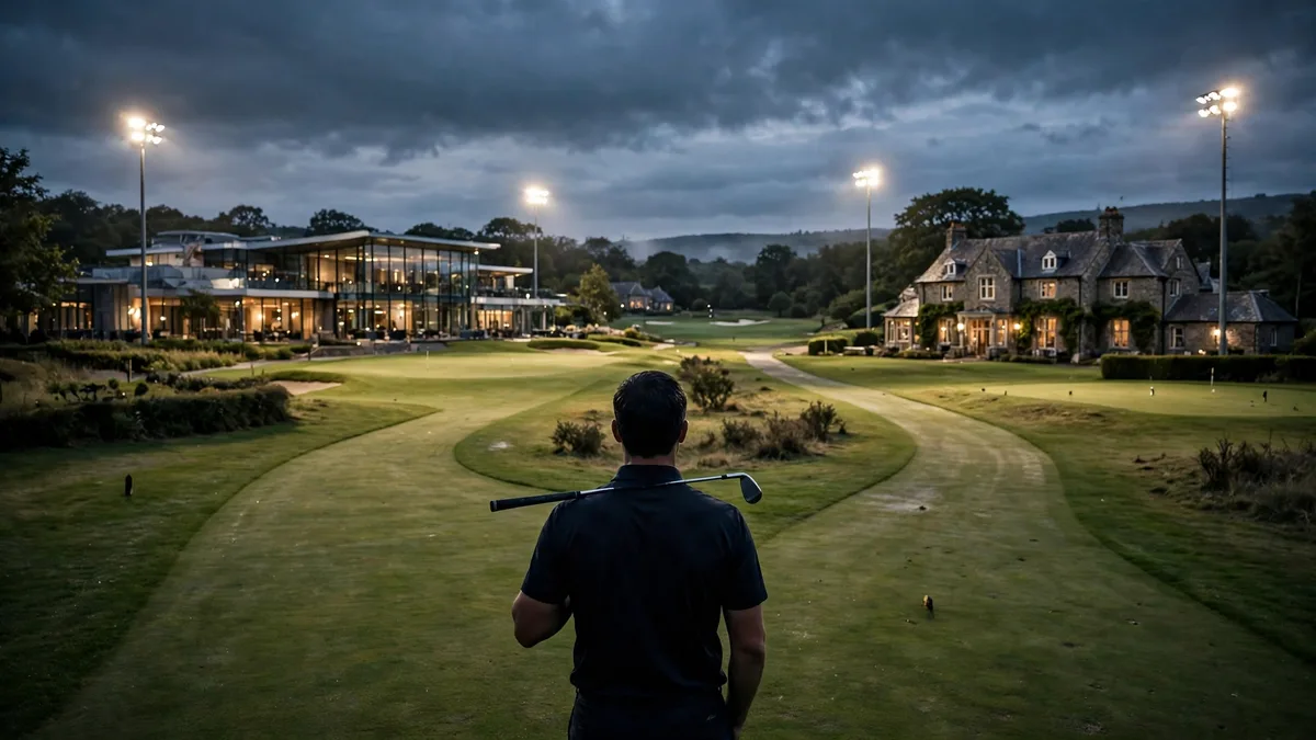 A golfer seen from behind at dusk, club over his shoulder, looking down a fairway that splits toward a modern glass clubhouse and a traditional stone clubhouse, editorial graphic
