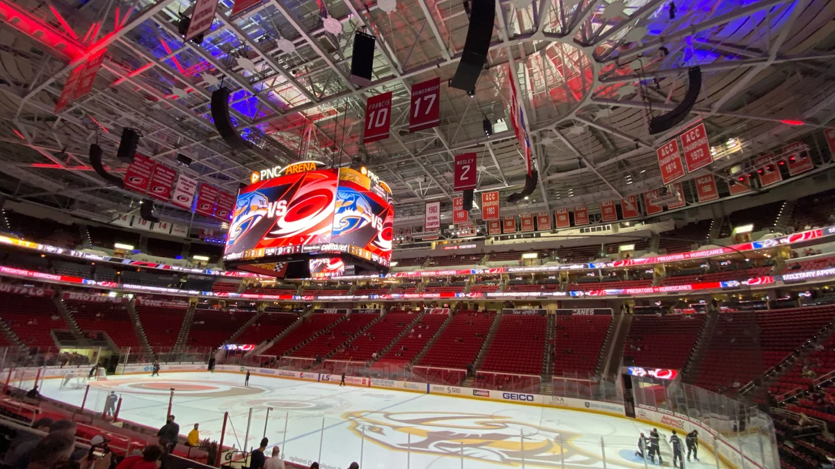 File photo from 15 April 2021: PNC Arena in Raleigh during a Predators vs Hurricanes game, the Hurricanes' home rink. It was not taken at Nikishin's signing and does not show Nikishin.