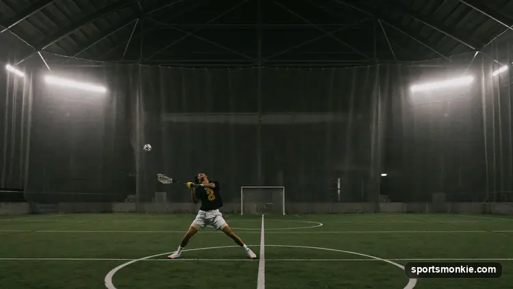 Box lacrosse player in action on an indoor arena floor during a professional game