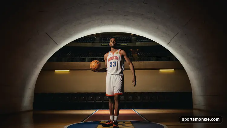 NBA draft stage with a number one jersey held up under bright lights