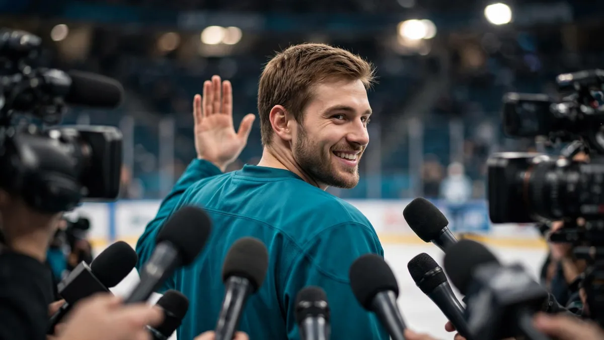 A generic hockey defenceman in an unbranded teal jersey smiling and waving off a row of microphones and television cameras at an arena media scrum, editorial graphic