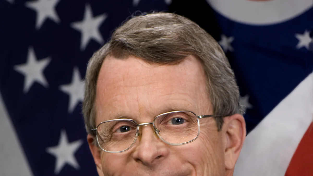 File photo from February 1, 2011: official headshot of Mike DeWine from his time as Ohio attorney general, years before he became governor. It does not show the signing of the eligibility order, and the cropped derivative is offered under the same CC BY-SA 3.0 licence as the original.