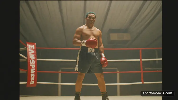 Boxing gloves resting on the ropes of a boxing ring under bright lights