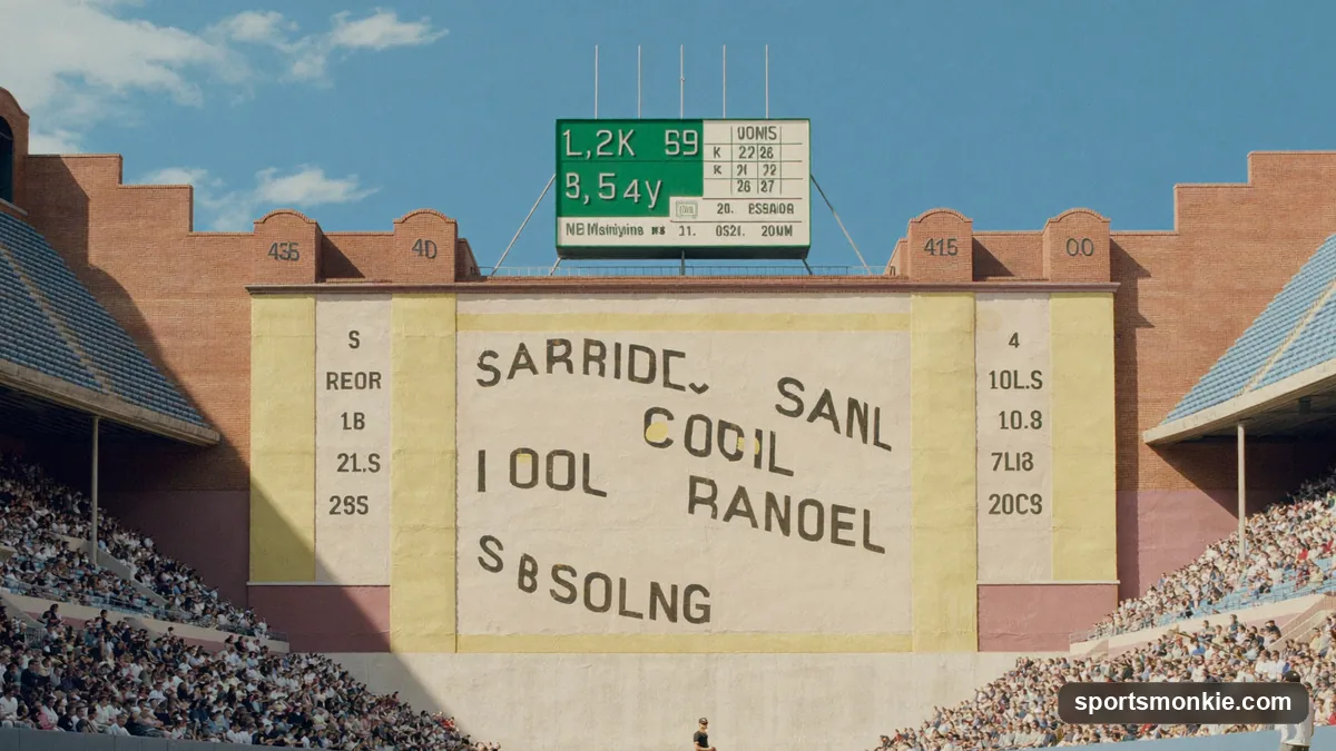 A historic early-20th-century baseball stadium with a manual scoreboard