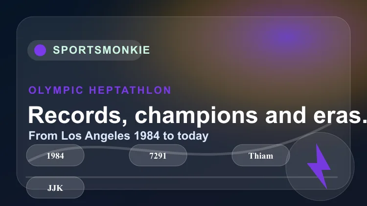 Olympic heptathlon history graphic with champions, records and seven event icons