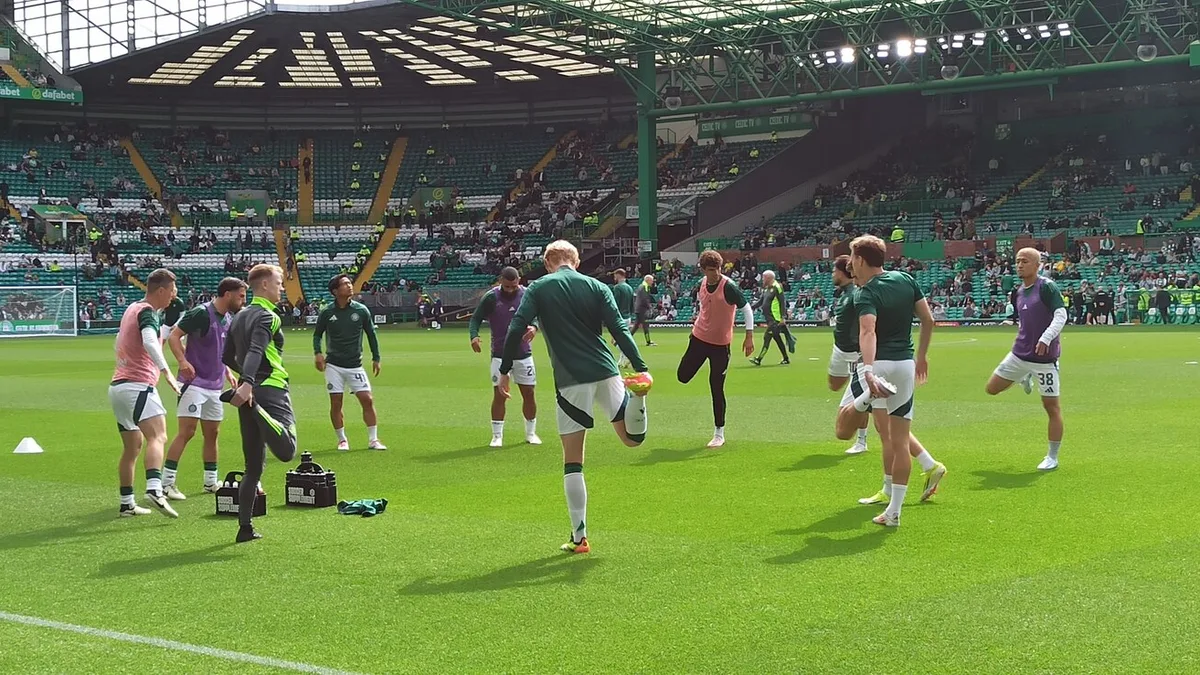 File photo from August 2024 of Celtic players warming up at Celtic Park on a match day. Callum Osmand does not appear in it and it does not show the Hearts match.