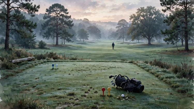 AI-generated illustration: two sets of tee markers on the same golf tee box, one set well forward of the other, with a golf bag and ball nearby and an anonymous golfer in the far distance. It illustrates the tee-box question at the heart of the story and is not a photograph of the event.