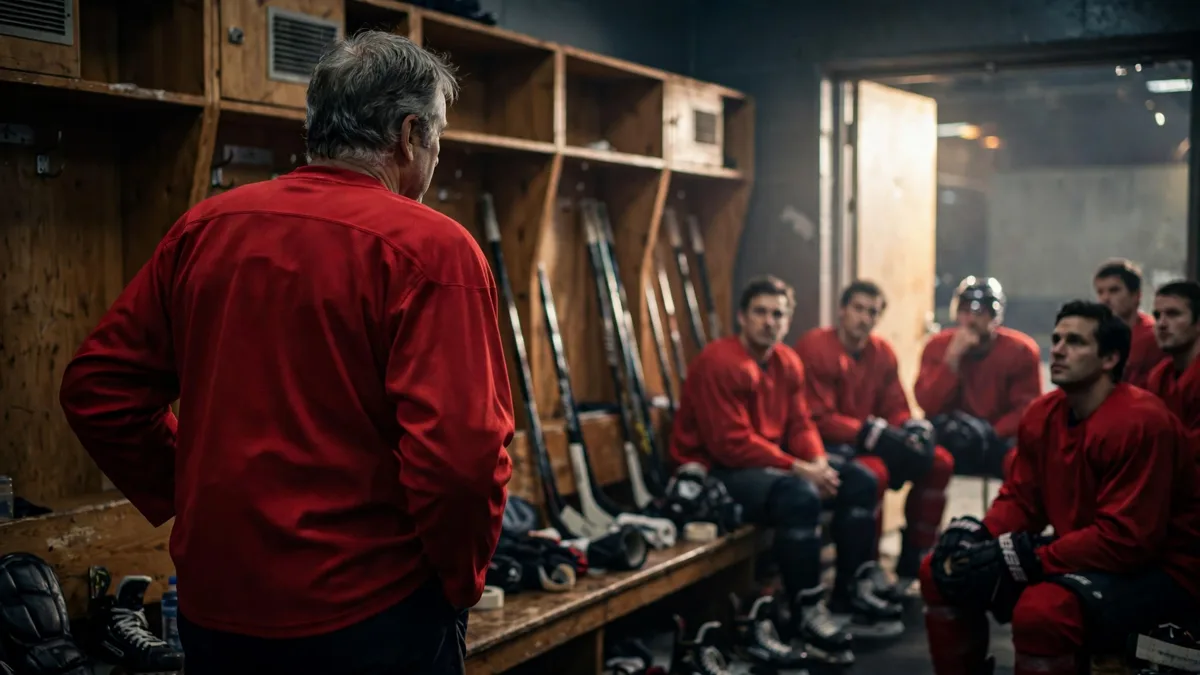 A veteran hockey captain in a plain red jersey, seen from behind, addressing seated teammates in a locker room before a game, editorial graphic