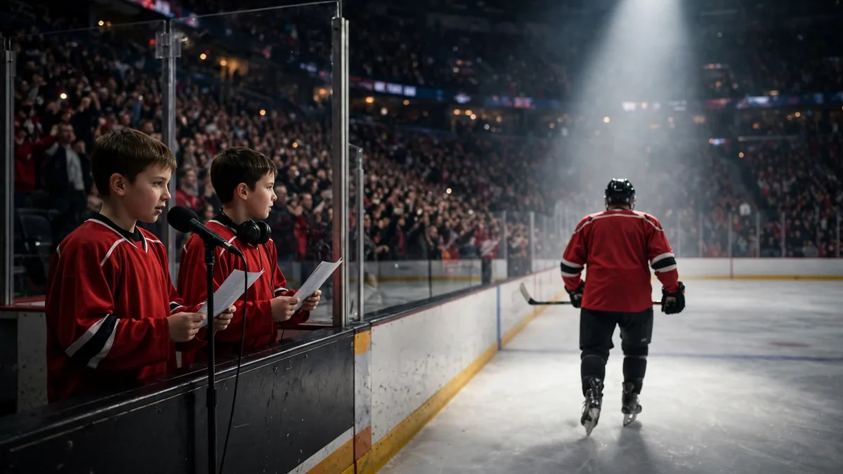 Two young boys in generic red hockey jerseys at a rinkside microphone introducing the home team as a veteran player in a generic red jersey, seen from behind with no name or number, skates into a spotlight, editorial graphic