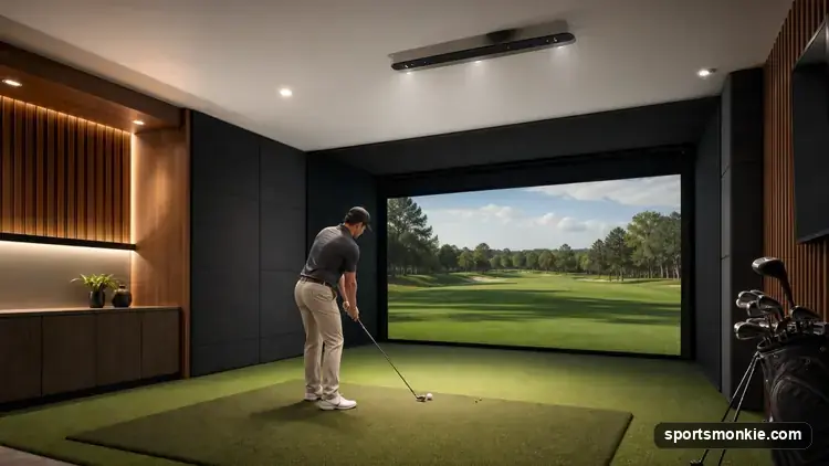 Ceiling-mounted golf launch monitor camera installed above a home simulator hitting bay