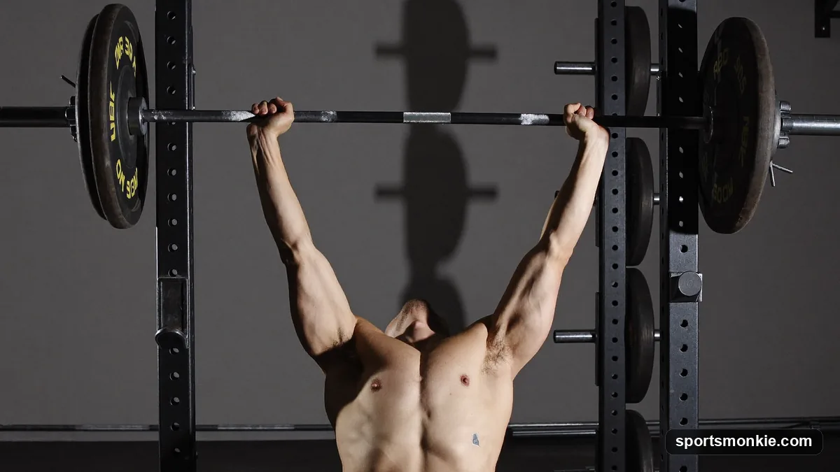 A lifter demonstrating proper standing barbell overhead press form with the bar locked out over the mid-foot