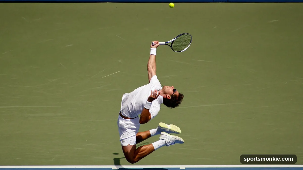 Tennis player striking an overhead smash above their head near the net