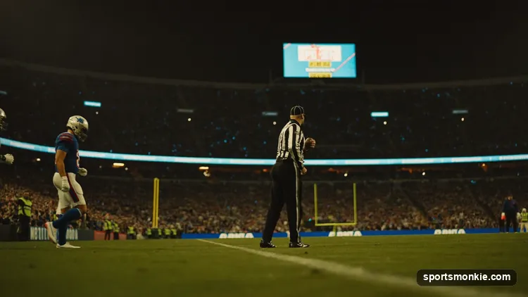 NFL referee tossing a coin at midfield before an overtime period under stadium lights