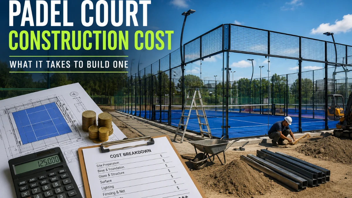 Padel court construction cost breakdown showing glass enclosure, turf and lighting