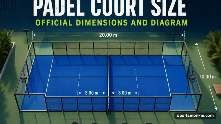 Official padel court size and dimensions diagram showing the 20m by 10m playing area, walls, net and service lines