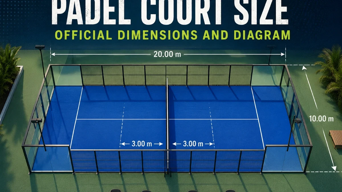 Official padel court size and dimensions diagram showing the 20m by 10m playing area