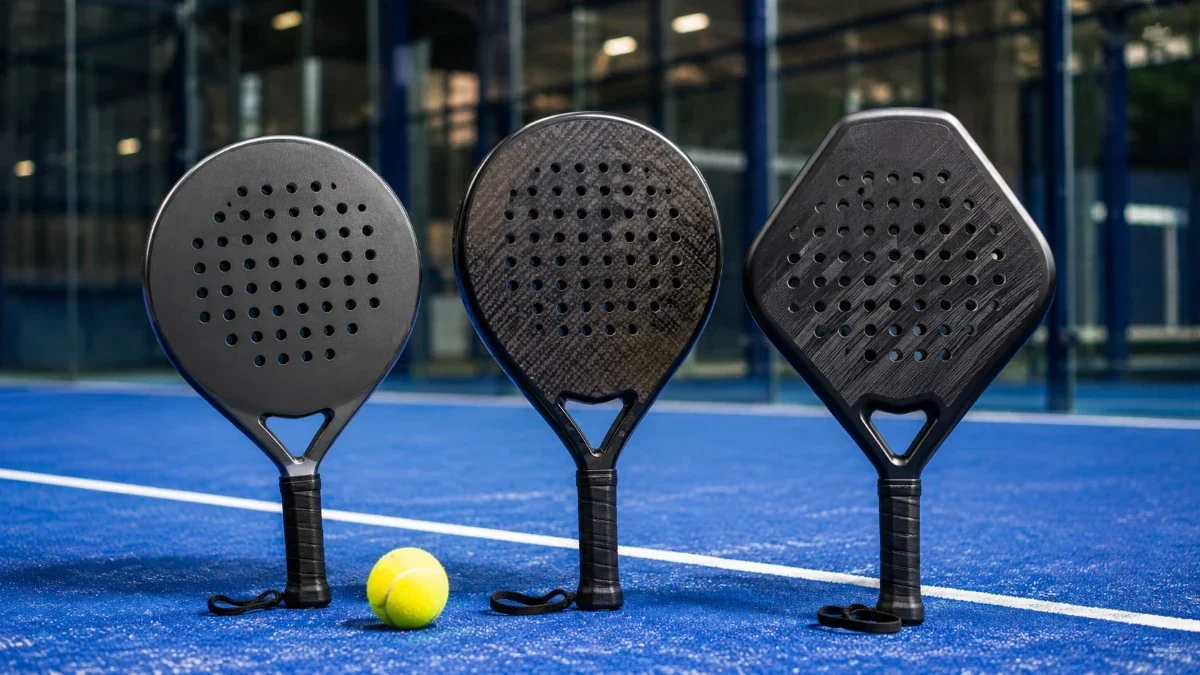 Padel rackets in round, teardrop, and diamond shapes with a padel ball on a glass-walled court