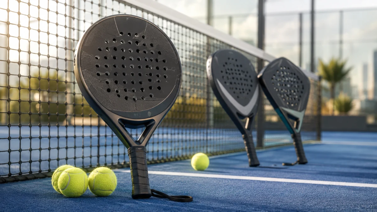 Padel rackets for beginners: a round-shaped racket and ball on a padel court