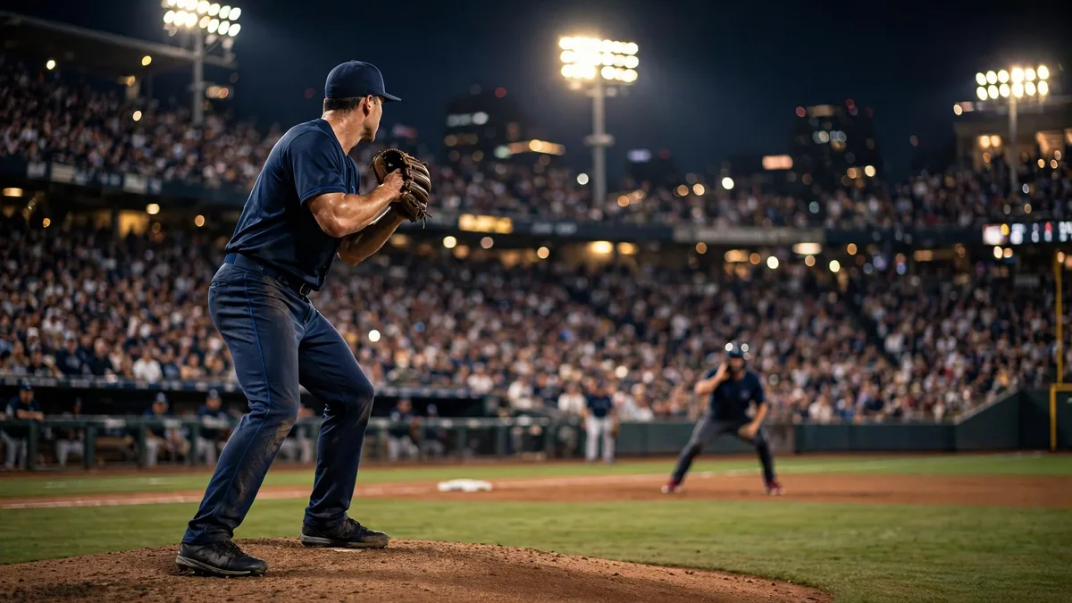 A closer on the mound at night with his glove tucked to his chest, a runner at second base in the blurred background touching the side of his neck, editorial graphic