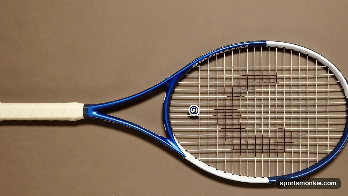 Labeled diagram showing the parts of a tennis racket: head, strings, grommets, throat, shaft, beam, handle, grip, and butt cap