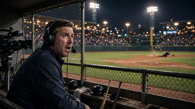 A generic baseball manager in a dugout wearing a broadcast headset, mouth open in dismay mid-interview, while an outfielder makes a sliding catch in the background under stadium lights, editorial graphic