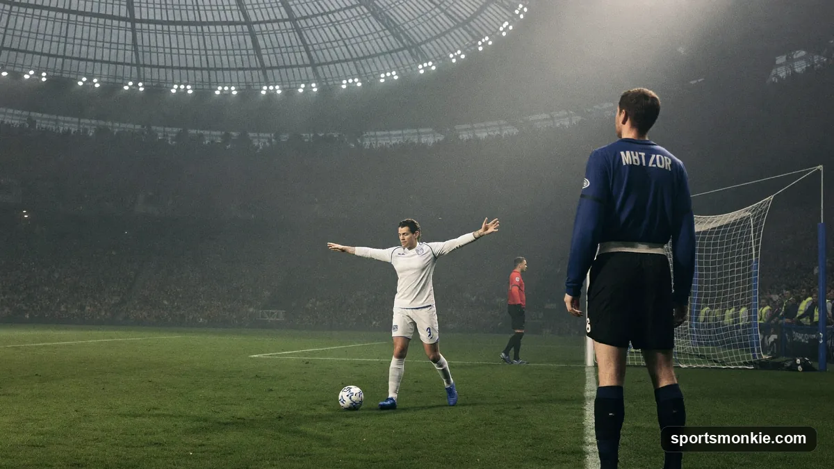 Football player stepping up to take a penalty in a shootout as the goalkeeper waits on the line