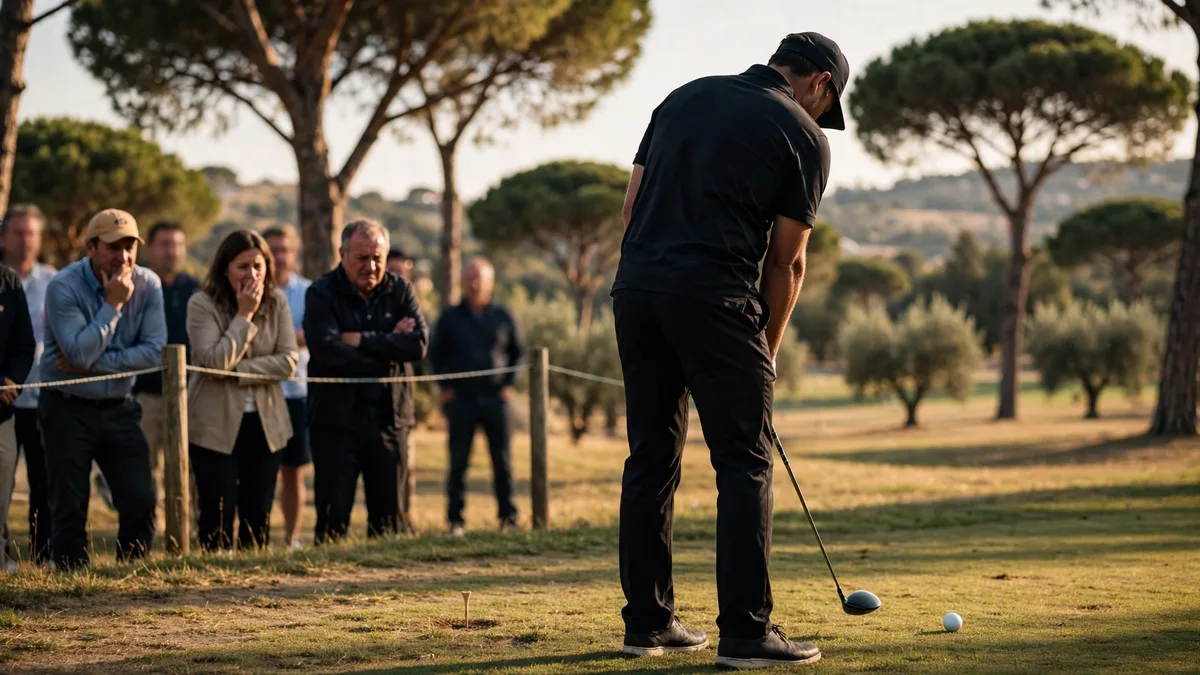 A generic professional golfer in plain black clothing standing head-down on a sunlit Spanish tee box with his driver hanging low, his ball trickled a few yards in front of the tee and anonymous spectators behind a rope wincing, editorial graphic