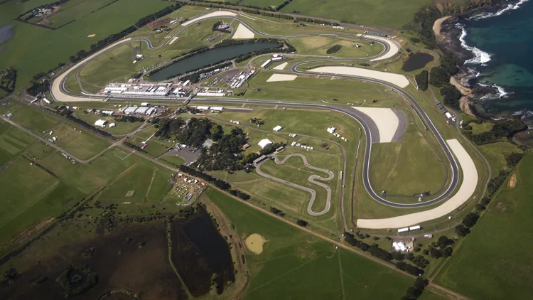File photo from October 15, 2014: an aerial view of Phillip Island, home of the Grand Prix Circuit on the coast south of Melbourne. It does not show the 2026 race weekend.