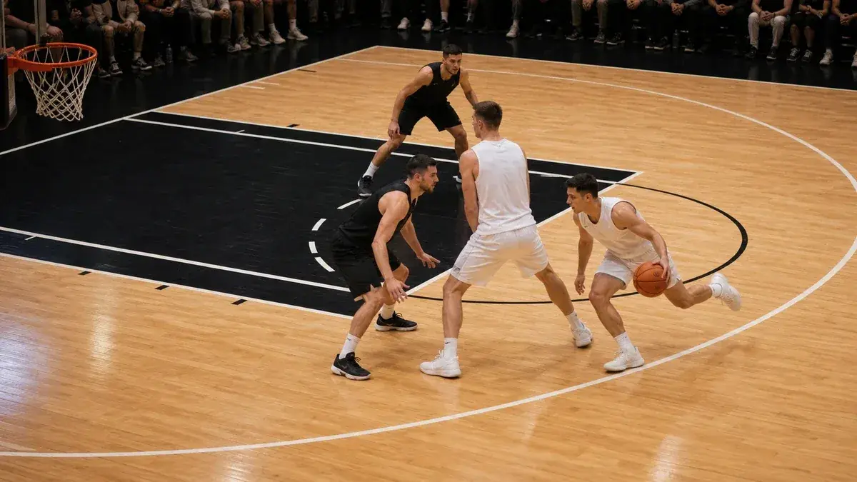 Two basketball players executing a pick-and-roll play on the court