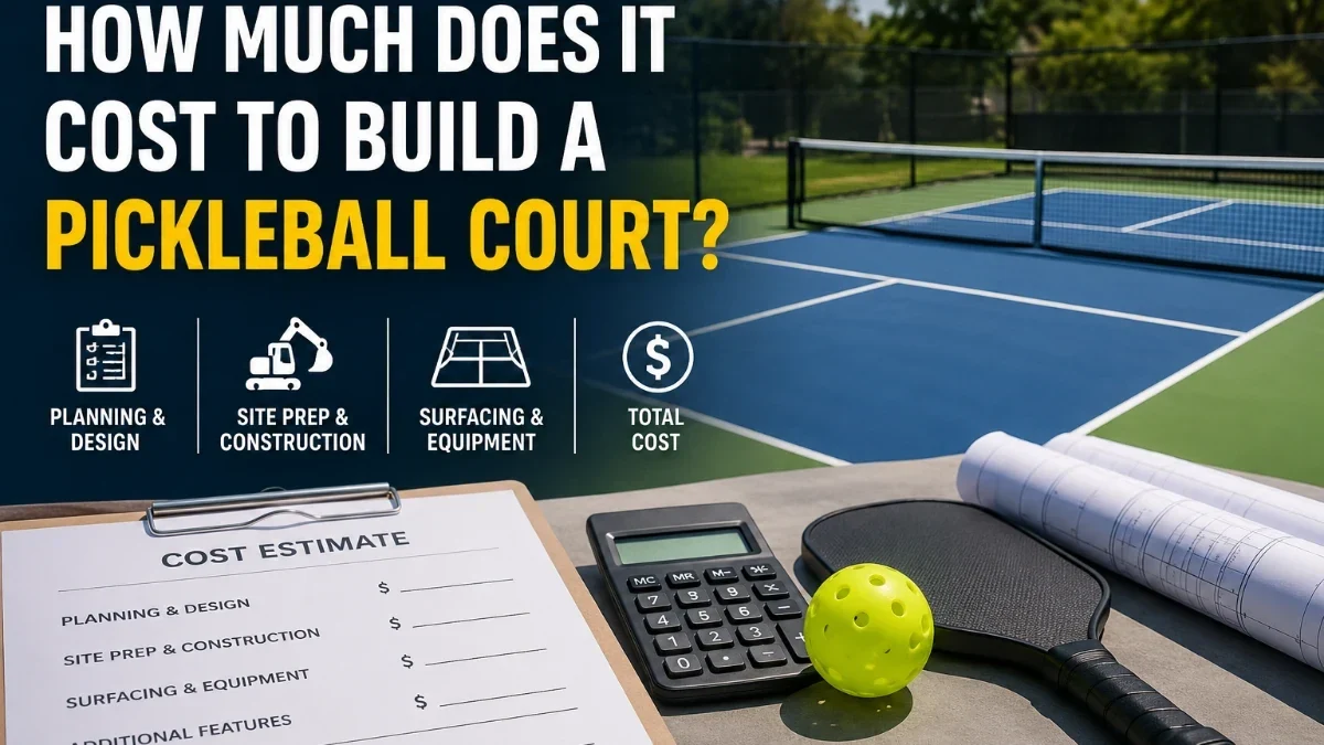 A newly built outdoor pickleball court with blue and green acrylic surface and perimeter fencing