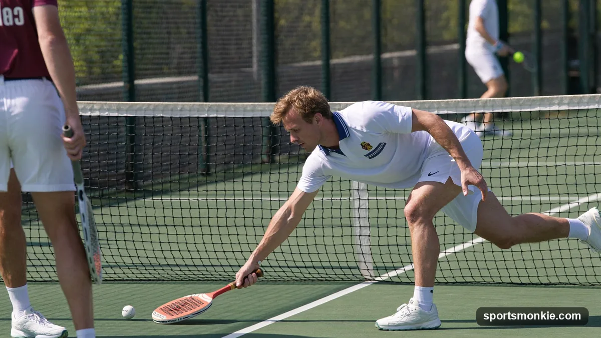 A pickleball landing out of bounds beyond the baseline during a rally
