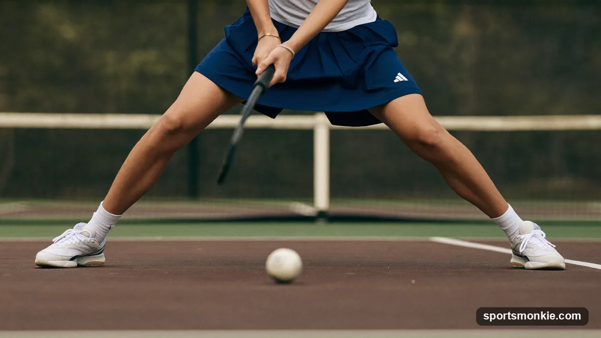 A pickleball player performing a split step as the opponent contacts the ball