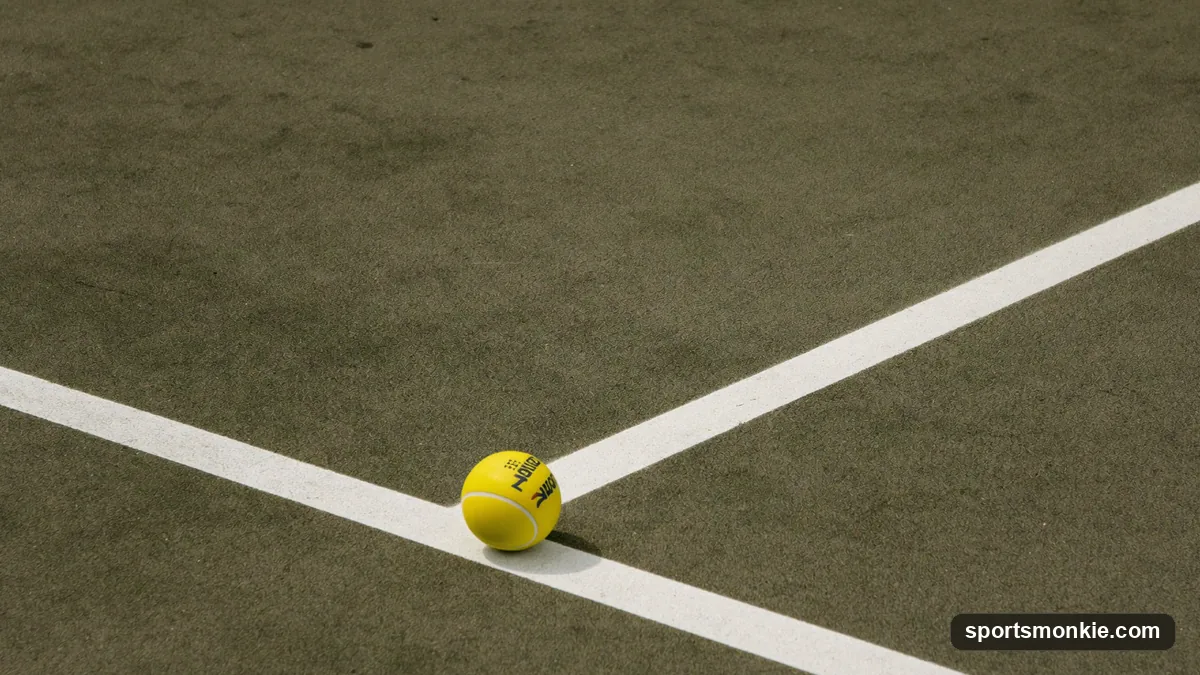 A pickleball landing on the baseline, viewed from the side of the court