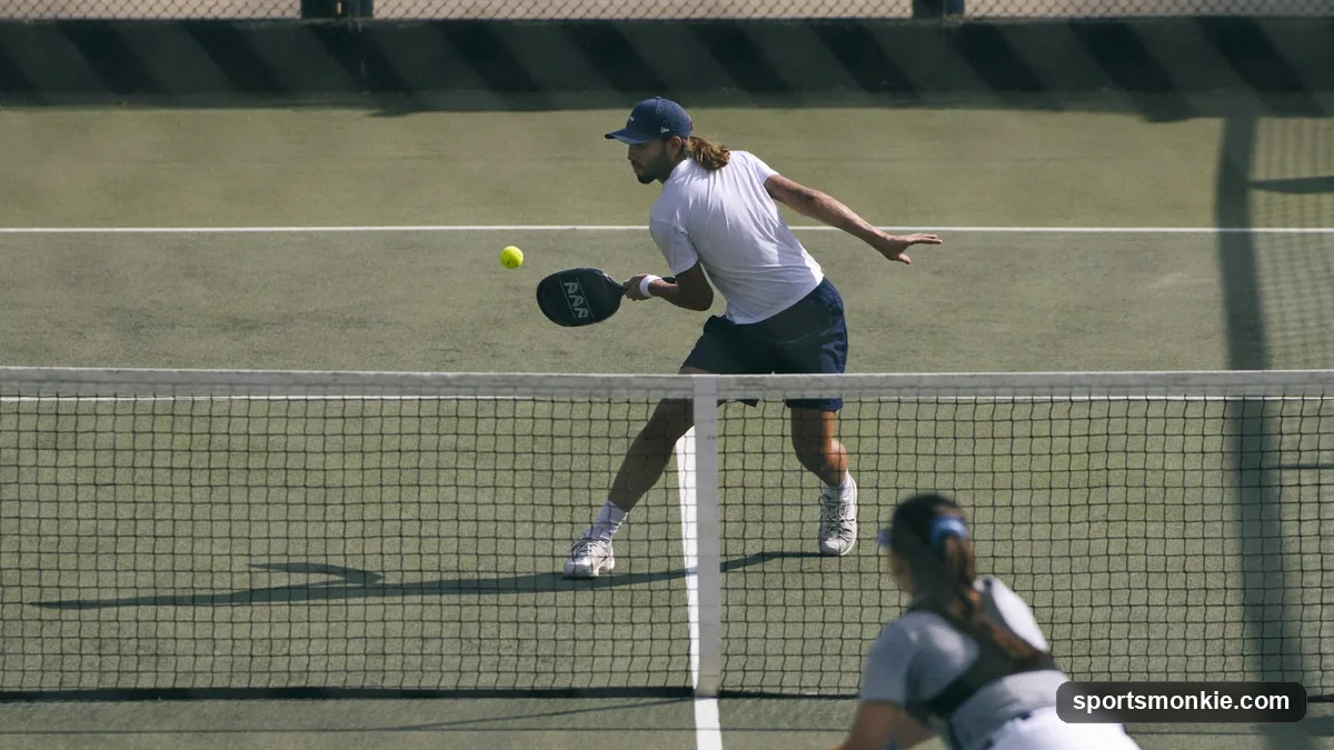 A pickleball player lifting a lob over opponents stationed at the kitchen line