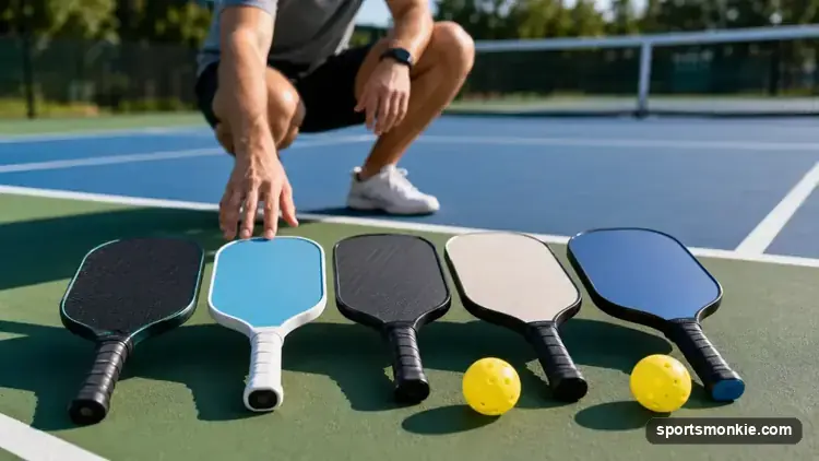 Beginner pickleball paddles of different weights and grip sizes laid out on a court