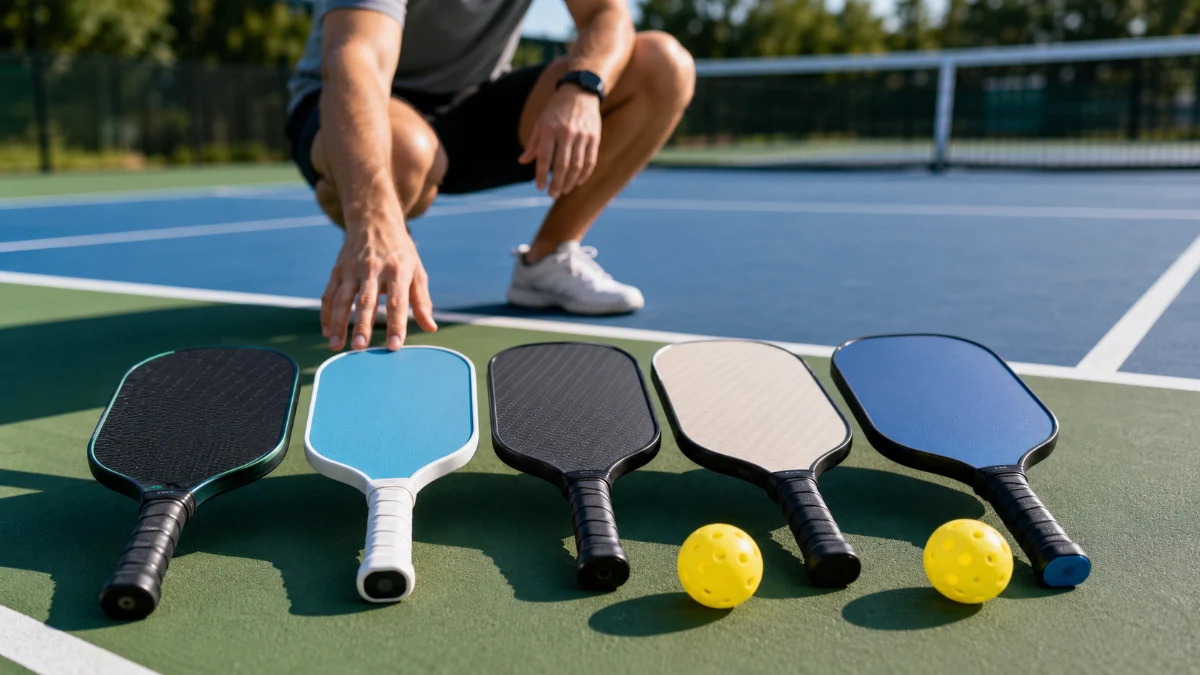 Beginner pickleball paddles of different weights and grip sizes laid out on a court