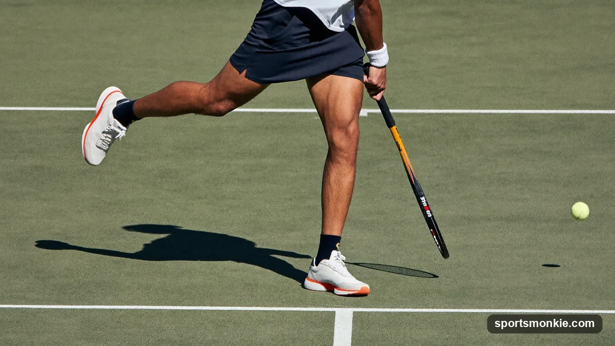 A pickleball player hitting a deep return and moving forward to the kitchen line