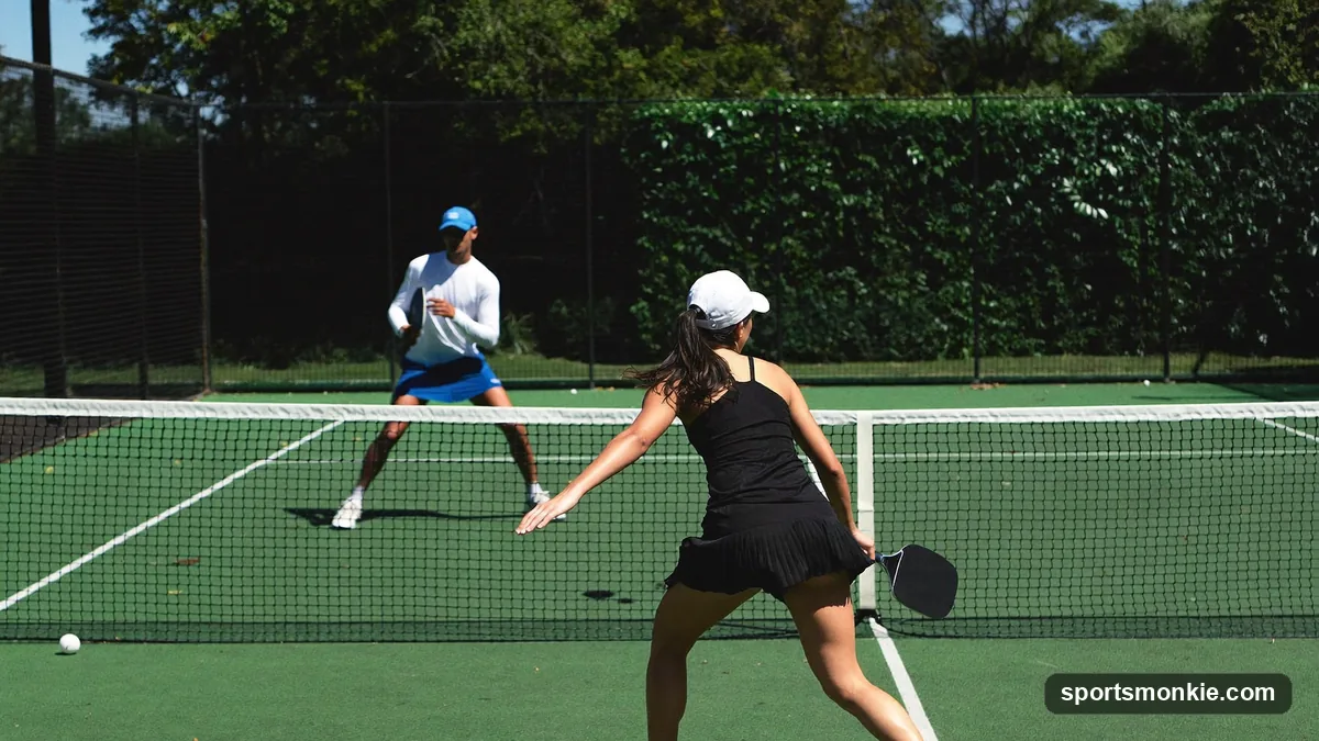 A pickleball player calling the score before serving on an outdoor court