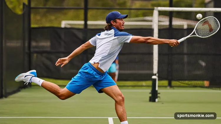 A pickleball player serving underhand from behind the baseline into the diagonal service court