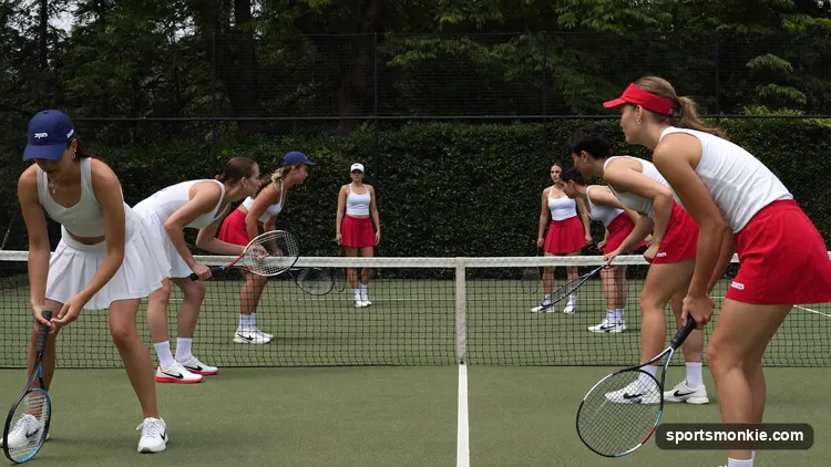A pickleball doubles team preparing to serve, one partner in the service position