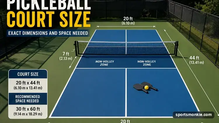 Diagram of a regulation pickleball court showing the 20 by 44 foot dimensions, kitchen, net and run-off space