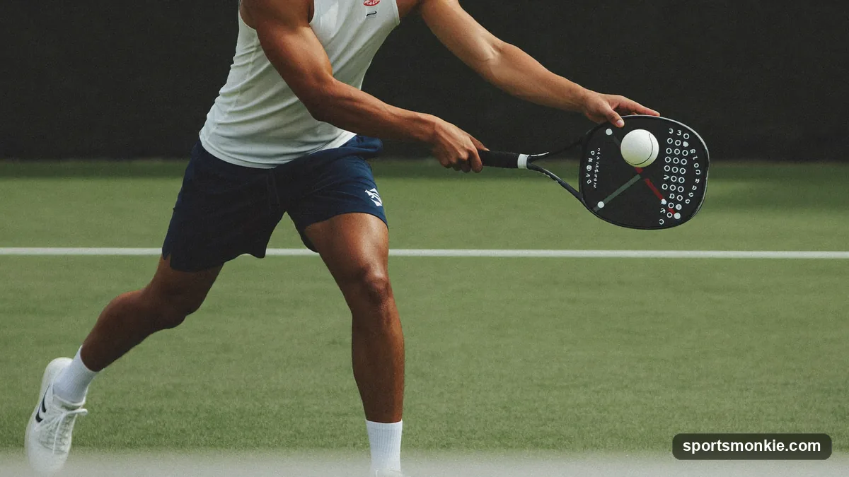 A pickleball player brushing up the back of the ball to add topspin on a serve
